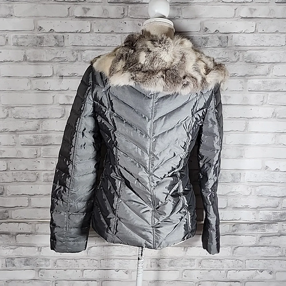 Bebe Rabbit Fur Trimmed Silver Puffer Jacket Coat